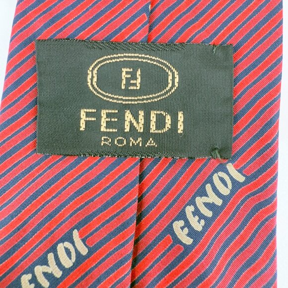 Fendi Roma Vintage Made in Italy Silk Red & Navy Stripe Logo Tie 55.5” x 3” - Picture 3 of 5